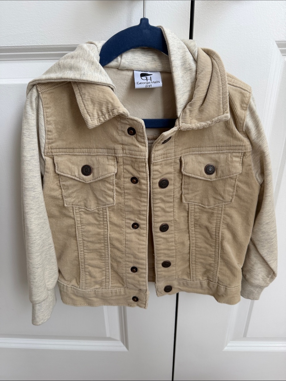 George’s Hats Beige Corduroy Jacket with Cream Knit Hood & Sleeves
